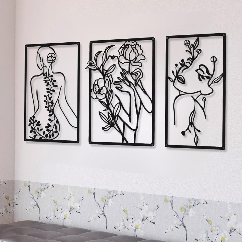 CHENGU 3 Pieces Metal Minimalist Abstract Woman Wall Art Line Drawing Wall Art Decor Single Line Female Home Hanging for Kitchen Bathroom Living Room