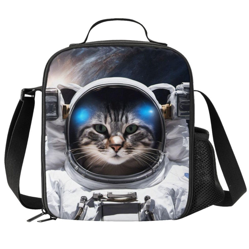 PrelerDIY Space Cat Lunch Box Food Bag Picnic Pouch Insulated Lunch Bag for Teenage Boys Girls School Beach