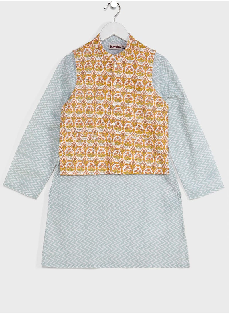 Fabindia - Youth Printed Jacket & Kurta Set - Image 1