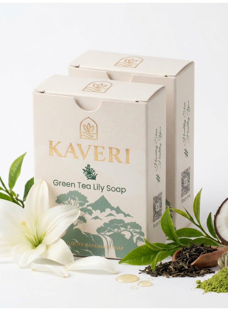 KAVERI Green Tea Lily Natural Soap Bar for Sensitive Dry Skin | Handmade Herbal Bathing Soap for Women Men | Refreshing & Antioxidant Rich | Gentle Daily Face Body Cleanser 110g - Image 1