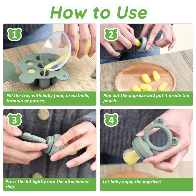 LittlesJoy Silicone Baby Fruit Feeder & Freezer Tray Set, Breast Milk Popsicle Mold, BPA Free for 3+ Months, Includes Silicone Pouches (Sage) - Image 5