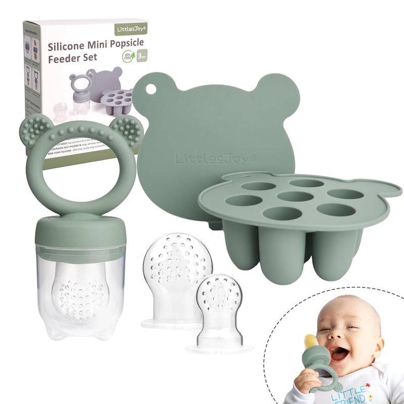 LittlesJoy Silicone Baby Fruit Feeder & Freezer Tray Set, Breast Milk Popsicle Mold, BPA Free for 3+ Months, Includes Silicone Pouches (Sage) - Image 1