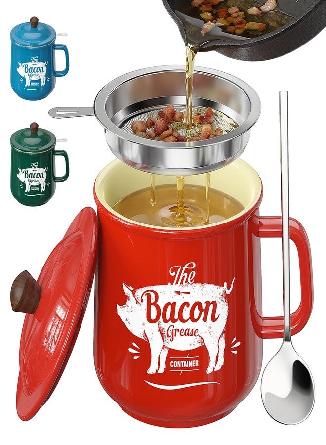 PGYARD Ceramic Bacon Grease Saver With Strainer - 23OZ Bacon Grease Container Farmhouse Keeper For Kitchen Fat Storage-Red - Image 1