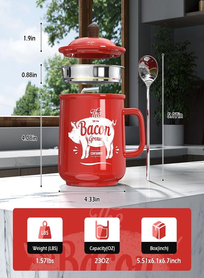 PGYARD Ceramic Bacon Grease Saver With Strainer - 23OZ Bacon Grease Container Farmhouse Keeper For Kitchen Fat Storage-Red - Image 2