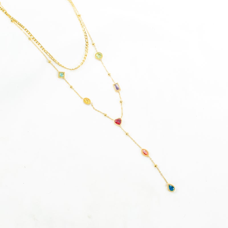 سلسلة أستانليس ستيل ذهبي 2 دور شكل قلب زيركون متعدد الألوان - Image 1