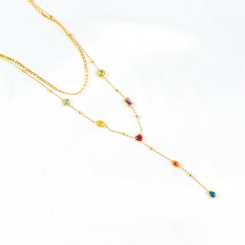 سلسلة أستانليس ستيل ذهبي 2 دور شكل قلب زيركون متعدد الألوان - Image 2