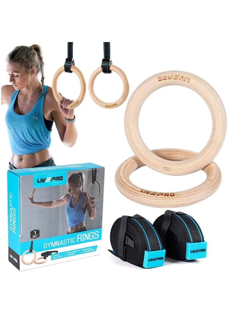LivePro Gym Rings Wood Gymnastic Ring Straps Heavy Duty Gym Equipment for Cross Training Workout Strength Training Gymnastics Fitness Pull Ups And Dips  - Image 1