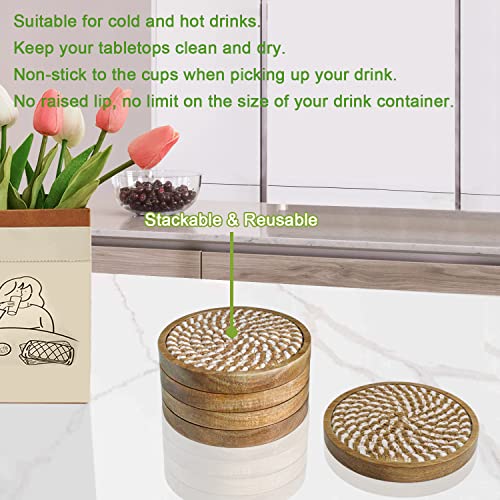 Eykao 5 Pack Coasters for Drinks Absorbent, 4.3 inches Woven Coasters for Coffee Tables, Wooden Drink Coasters for Table Protection, Reusable Drink Coasters for Kitchen, Farmhouse, Bar, Office, Brown - Image 4