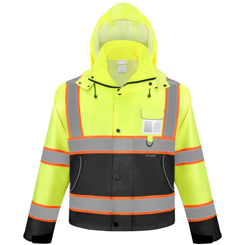TICONN Reflective Rain Jacket Safety Jacket, Waterproof Hi Vis Rain Coat, Class III High Visibility Coat (Yellow&Black, L) - Image 1