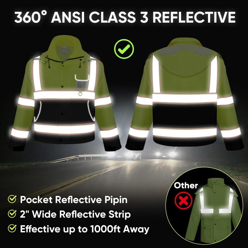 TICONN Reflective Rain Jacket Safety Jacket, Waterproof Hi Vis Rain Coat, Class III High Visibility Coat (Yellow&Black, L) - Image 3