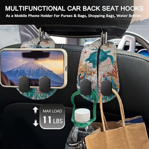 Blusabaca 2PCS Car Seat Back Storage Headrest Hooks, Sea Turtle Purse Holder Bags Hanger, PU Leather Double Metal Hook for Backseat Organizer, Women Car Accessories Organization - Image 3