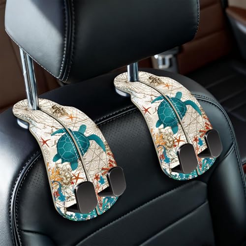 Blusabaca 2PCS Car Seat Back Storage Headrest Hooks, Sea Turtle Purse Holder Bags Hanger, PU Leather Double Metal Hook for Backseat Organizer, Women Car Accessories Organization - Image 1