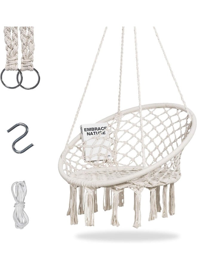 Generic mansion home unbranding Cotton Hammock Swing Chair Round Hanging Chair, Handmade Knitted Macrame Beige Bohemian Hammock Chair Swing with Pocket for Indoor, Outdoor, Bedroom, Yard, Garden (White)  - Image 1