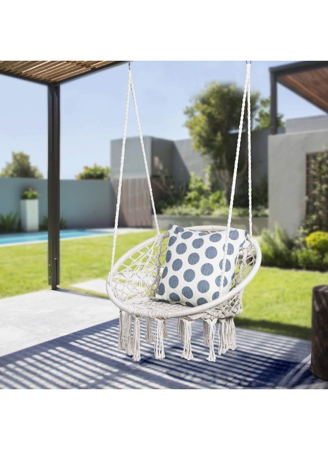 Generic mansion home unbranding Cotton Hammock Swing Chair Round Hanging Chair, Handmade Knitted Macrame Beige Bohemian Hammock Chair Swing with Pocket for Indoor, Outdoor, Bedroom, Yard, Garden (White)  - Image 2