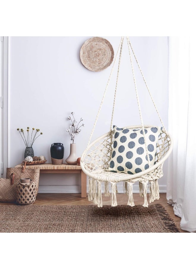 Generic mansion home unbranding Cotton Hammock Swing Chair Round Hanging Chair, Handmade Knitted Macrame Beige Bohemian Hammock Chair Swing with Pocket for Indoor, Outdoor, Bedroom, Yard, Garden (White)  - Image 3