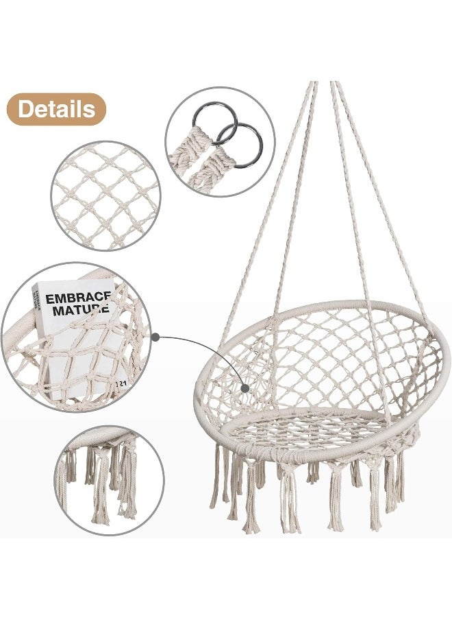 Generic mansion home unbranding Cotton Hammock Swing Chair Round Hanging Chair, Handmade Knitted Macrame Beige Bohemian Hammock Chair Swing with Pocket for Indoor, Outdoor, Bedroom, Yard, Garden (White)  - Image 4