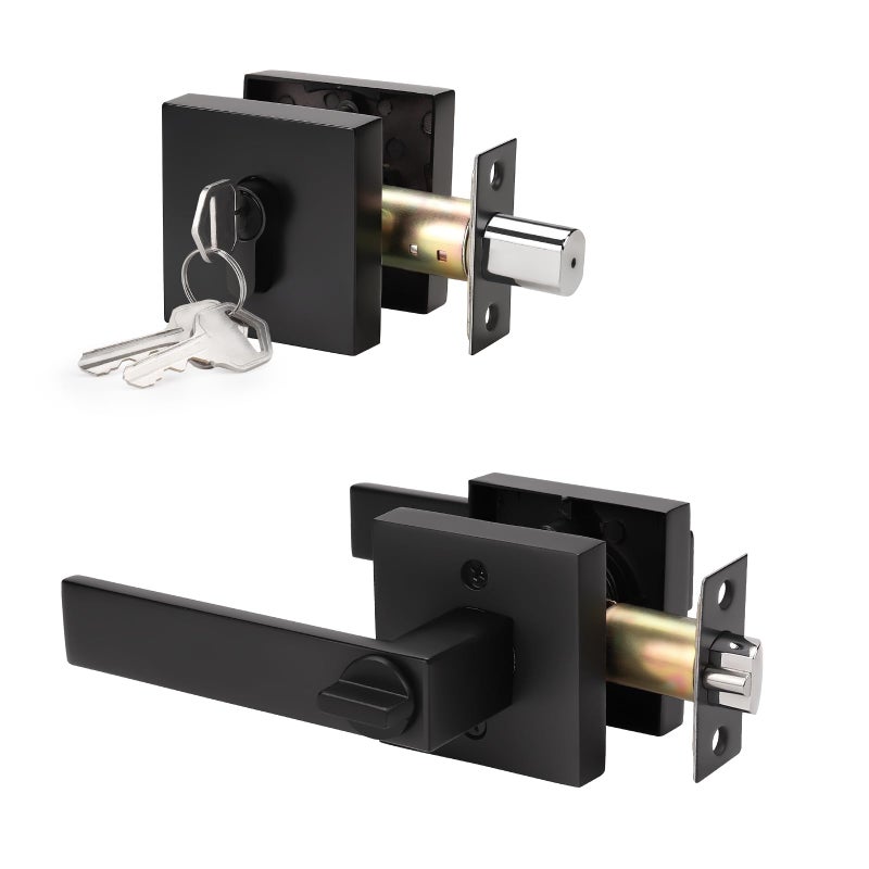 KNOBWELL Heavy Duty Exterior Door Knob with Double Cylinder Deadbolt Solid Steel Square Entry Door Handle Lever with Deadbolt Set for Front Door or Office Matte Black Finish1 Pack