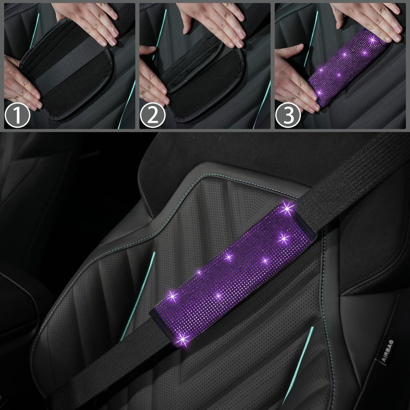 Nbtepem 8 Pcs Bling Car Accessories Set For Women  Steering Wheel Cover  Sparkly Seat Belt Covers  Bling Gear Shift Cover  Universal Fit Most Cars (Purple Violet Diamond) - Image 3