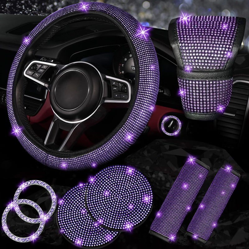 Nbtepem 8 Pcs Bling Car Accessories Set For Women  Steering Wheel Cover  Sparkly Seat Belt Covers  Bling Gear Shift Cover  Universal Fit Most Cars (Purple Violet Diamond) - Image 1