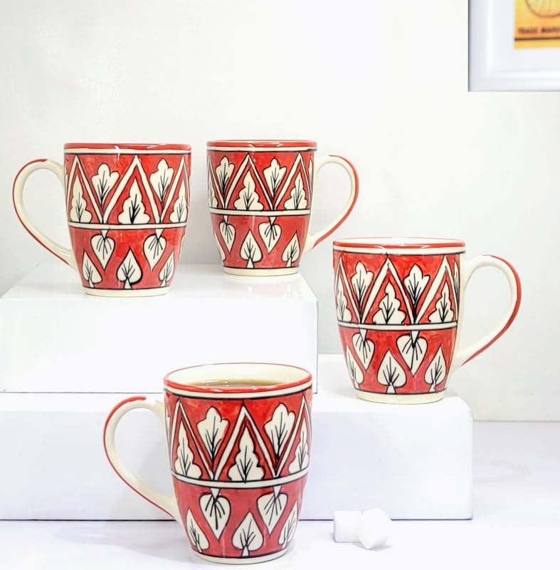 KITTENS Red Art Pattern Coffee Mug, 375ml Tea and Coffee Mugs Set of 4, Microwave & Dishwasher Safe, Hand Painted, Aesthetic Tea Cup Ideal for Home & Office - Image 1