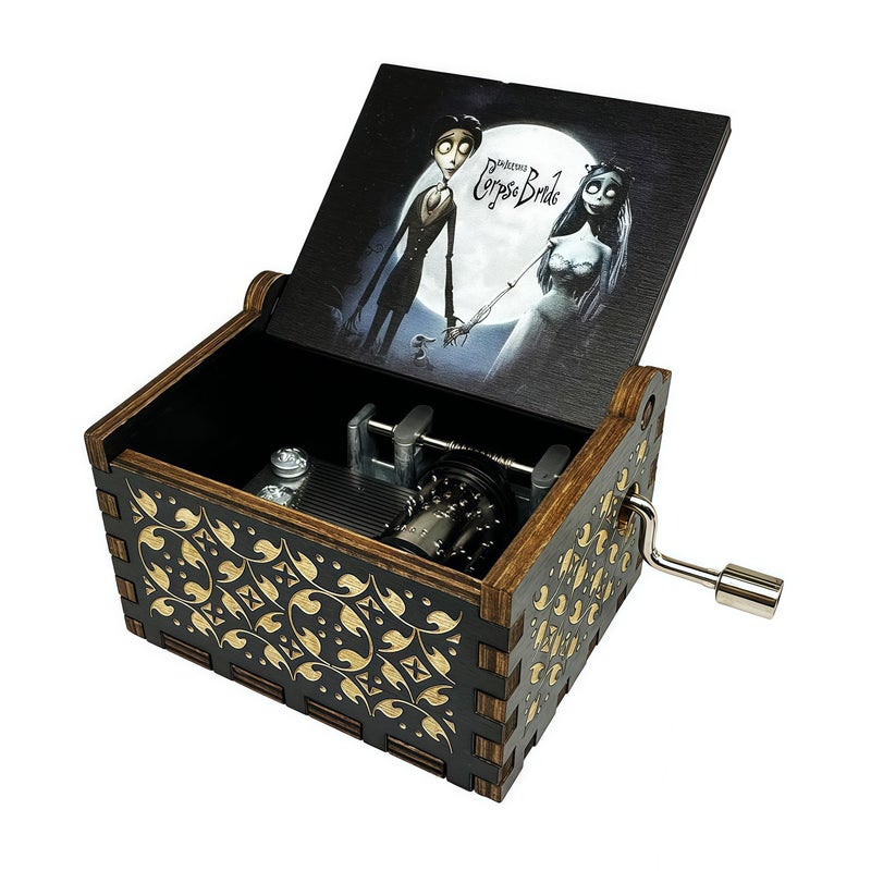 Teykst CorpseBride Hand Crank Wooden Music Box Antique Wooden Case with Engraved Design Decorative Collectible Gifts for BirthdayValentines Day Halloween Christmas HandCrank Style - Image 2