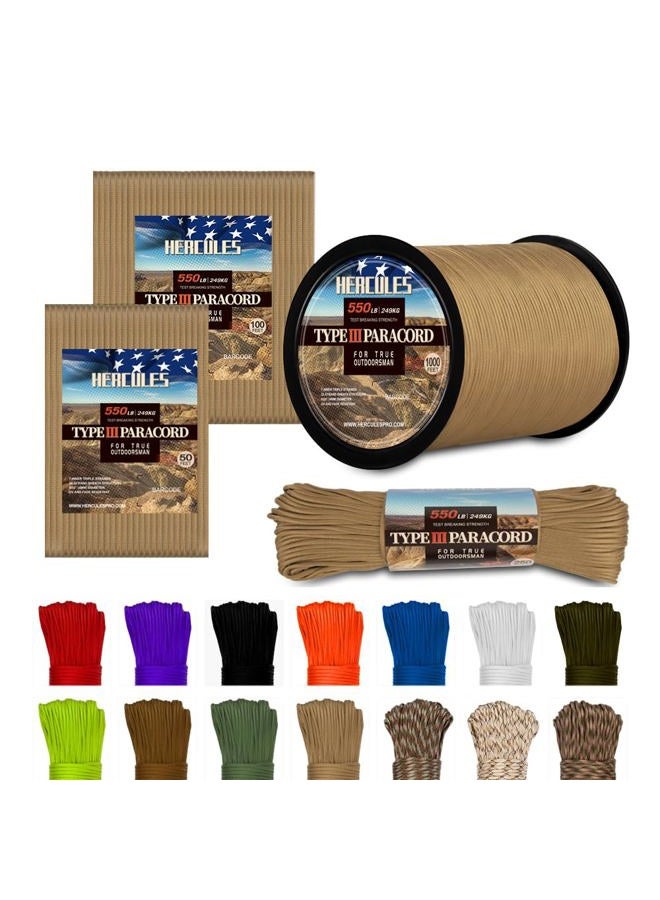 Hercules حبل بارا كورد من النوع الثالث 550، حبل مظلة، 100' لون تان صحراوي للتخييم، حبل البقاء - Image 1