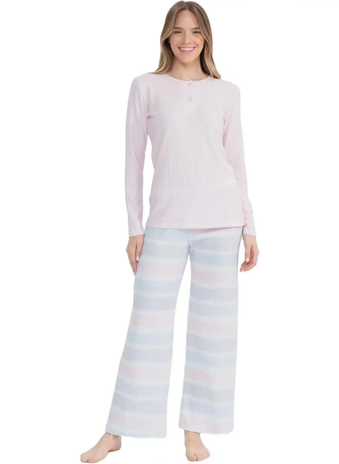 U.S. Polo Assn. 17096 Women's Perforated Polar Fleece Waffle Fabric Long Sleeve Wide Leg Pajama Set-Pink