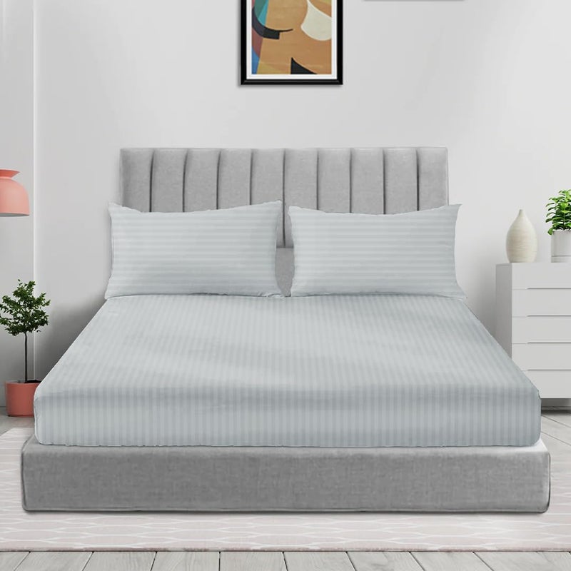 سليب ويل ملاء متناسب من القطن الدقيق مزين بخطوط، مع غطاء وسادة - 150x200 سم (لون أزرق ملكي، حجم سرير كبير) - Image 1