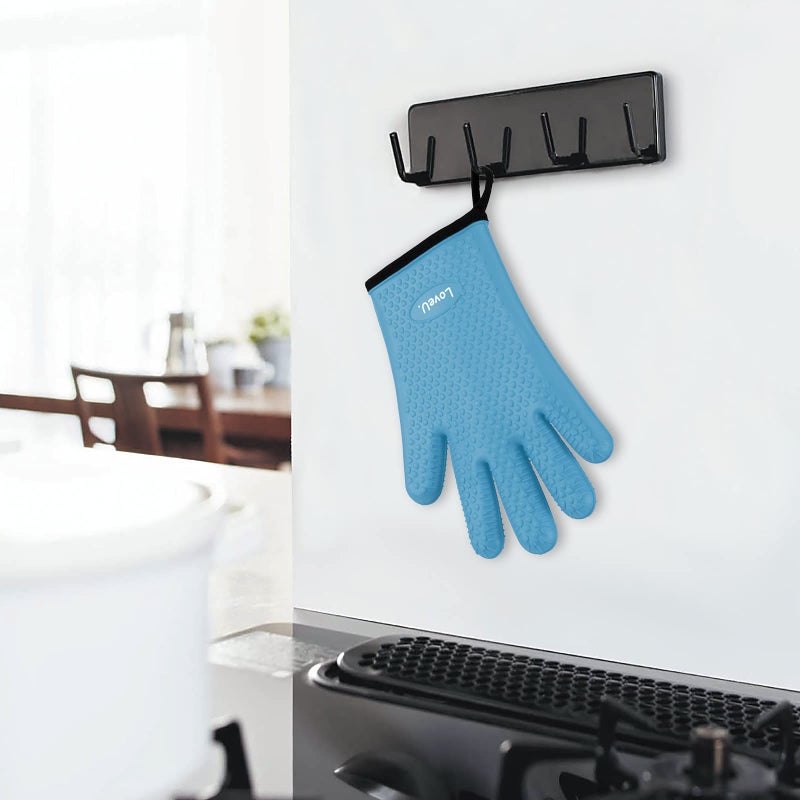 Loveuing Kitchen Oven Gloves - Dual-Layer Heat Resistant Grilling Gloves, Silicone Oven Mitts with 5 Fingers, Waterproof Non-Slip Pot Holder for Barbecue, Cooking, Baking (XL-XXXL, Blue) - Image 5
