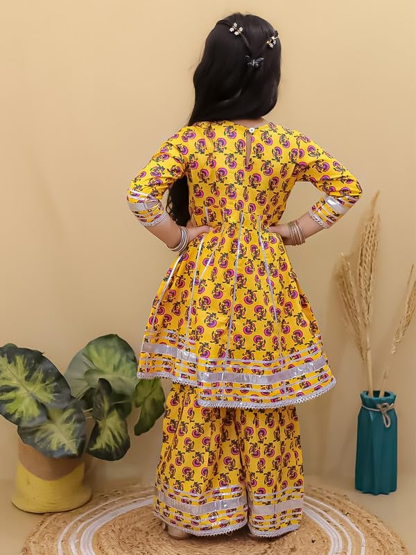 superminis Girls Cotton Floral Printed Gotta Work 3/4 Sleeves Kurti and Matching Sharara Ethnic Wear Set (18-24 Months, Yellow) - Image 3