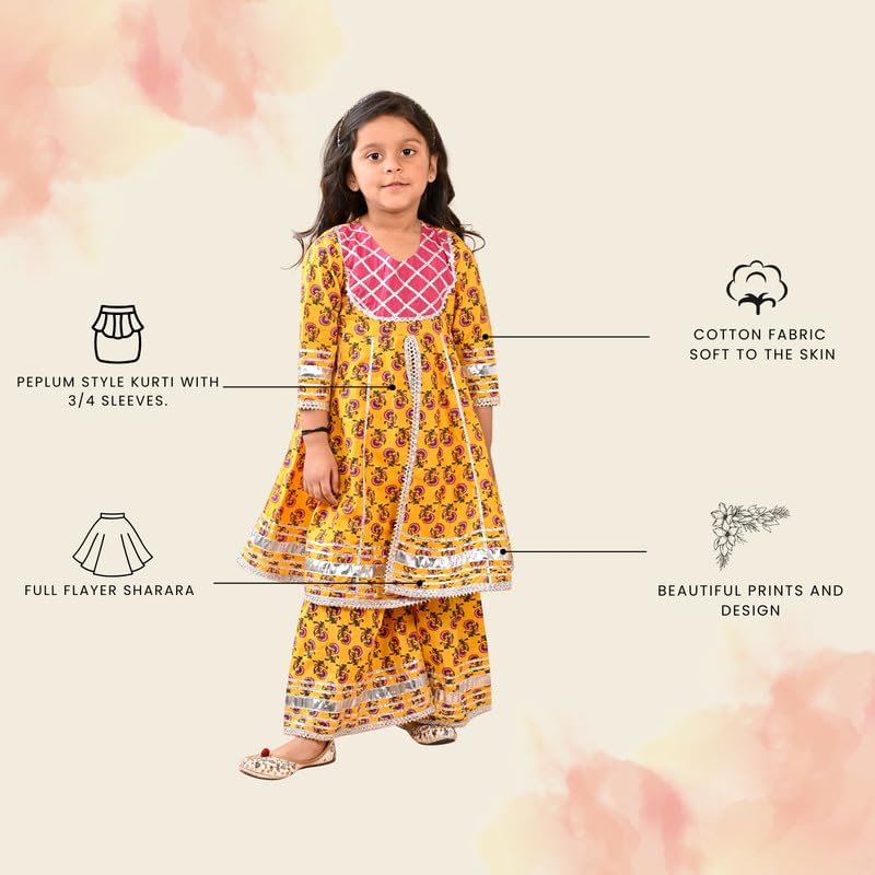 superminis Girls Cotton Floral Printed Gotta Work 3/4 Sleeves Kurti and Matching Sharara Ethnic Wear Set (18-24 Months, Yellow) - Image 2