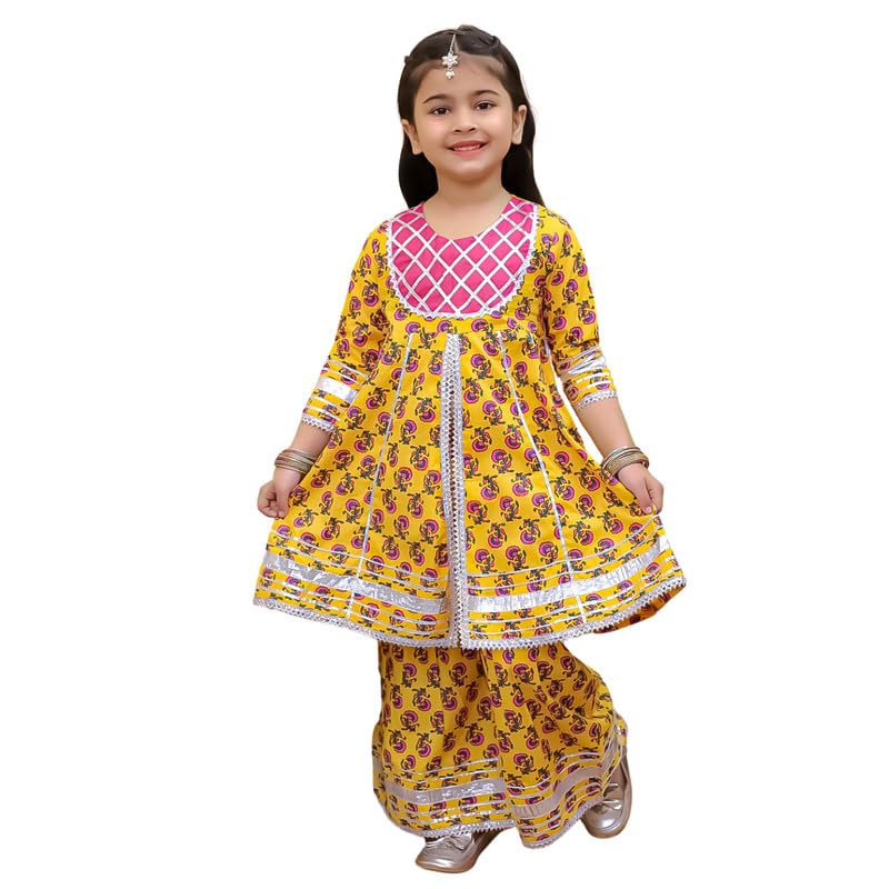 superminis Girls Cotton Floral Printed Gotta Work 3/4 Sleeves Kurti and Matching Sharara Ethnic Wear Set (18-24 Months, Yellow) - Image 1