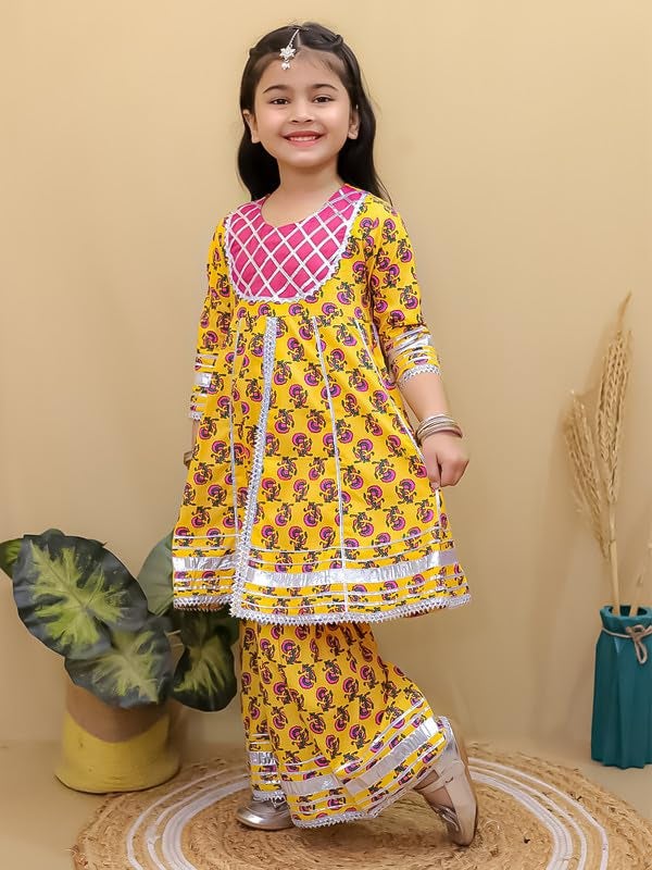 superminis Girls Cotton Floral Printed Gotta Work 3/4 Sleeves Kurti and Matching Sharara Ethnic Wear Set (18-24 Months, Yellow) - Image 4