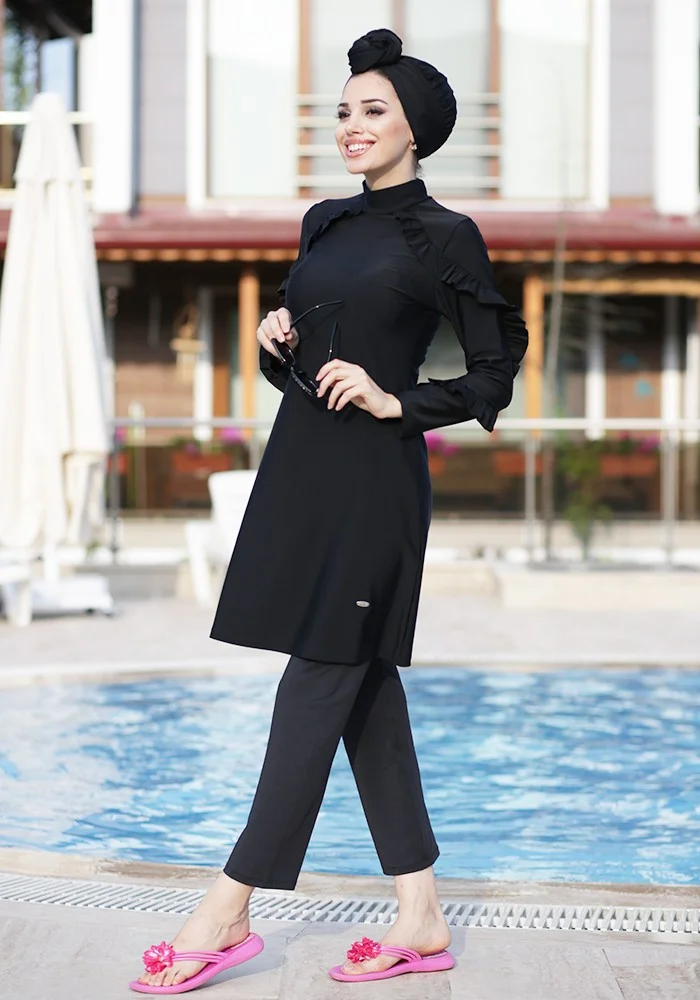 ريمسا مايو Ruffle Design Lycra Fully Covered Hijab Swimsuit 4104 Black