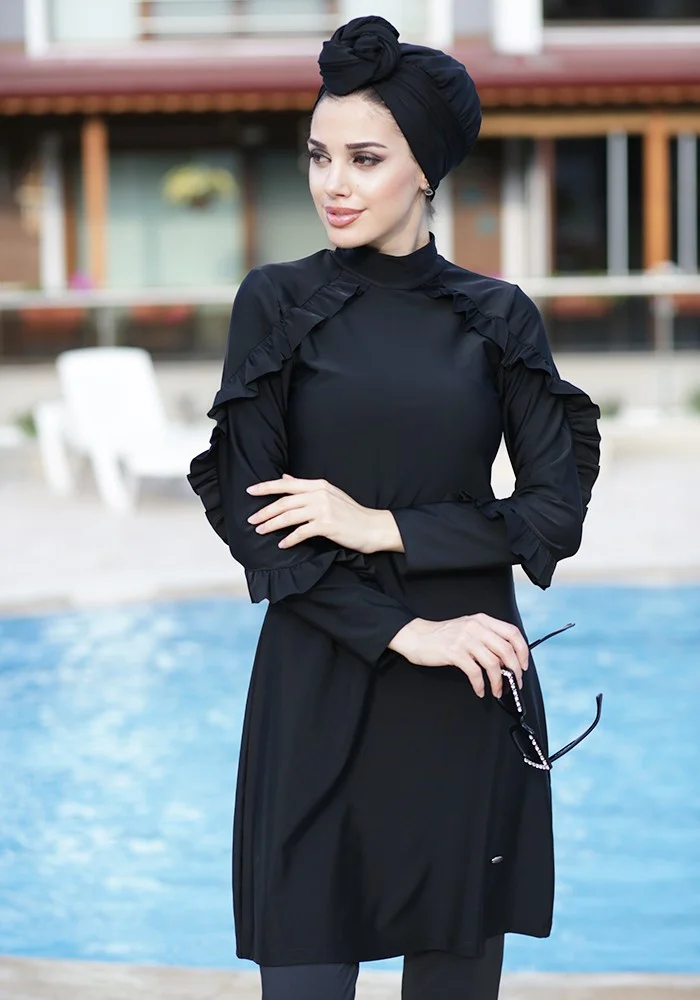ريمسا مايو Ruffle Design Lycra Fully Covered Hijab Swimsuit 4104 Black