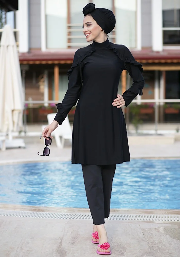 ريمسا مايو Ruffle Design Lycra Fully Covered Hijab Swimsuit 4104 Black
