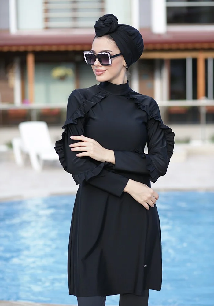 ريمسا مايو Ruffle Design Lycra Fully Covered Hijab Swimsuit 4104 Black