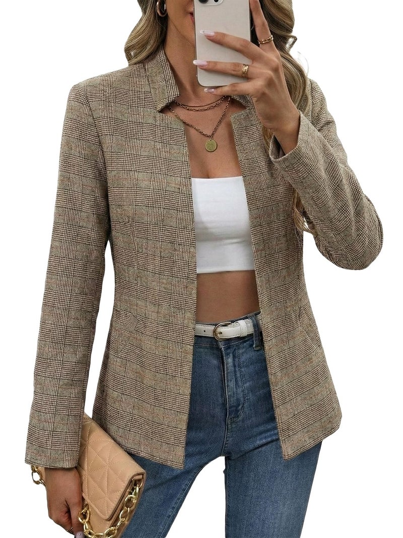 Mina Self Plaid Blazer Jacket for Women 2026 Houndstooth Fall Womens Khaki Brown Chocolate Clothes Women's Blazers Lightweight Casual Fitted Trendy Business Jackets Work Professional Fashion Dressy - Image 3