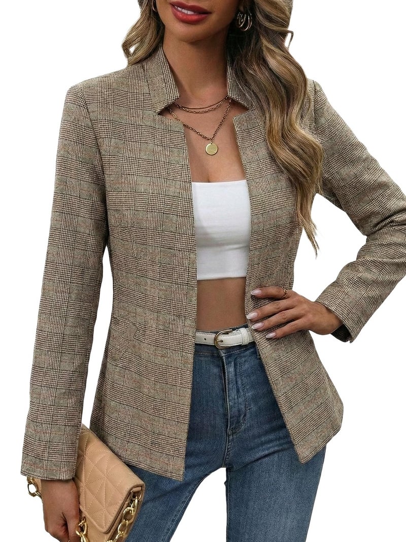 Mina Self Plaid Blazer Jacket for Women 2026 Houndstooth Fall Womens Khaki Brown Chocolate Clothes Women's Blazers Lightweight Casual Fitted Trendy Business Jackets Work Professional Fashion Dressy - Image 2