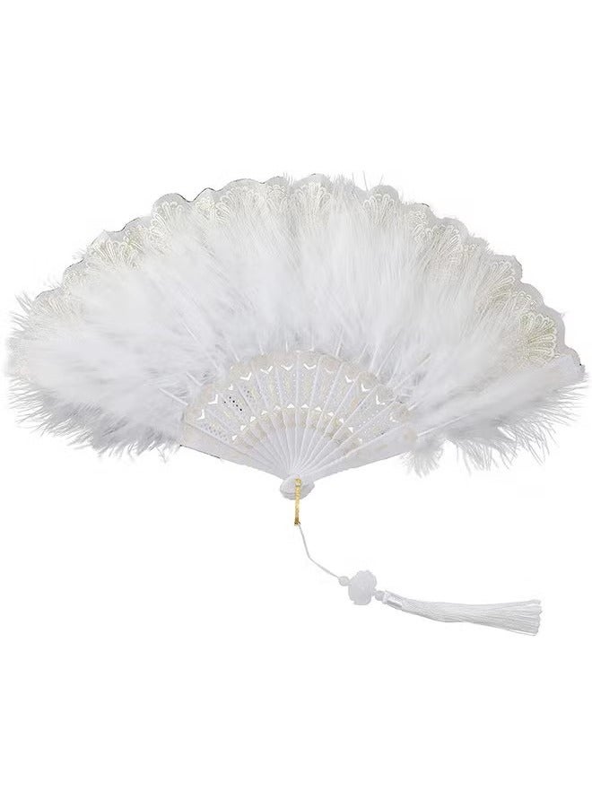 Unewshi Feather Hand Fan, White Foldable Feather Fan Handheld for Party Wedding Dancing Decoration - Image 1