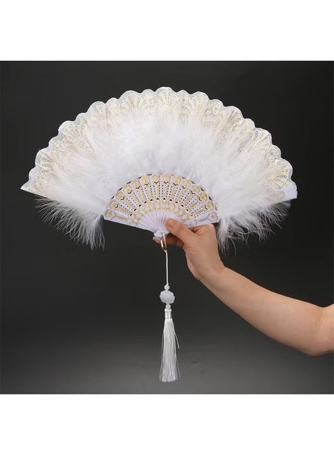 Unewshi Feather Hand Fan, White Foldable Feather Fan Handheld for Party Wedding Dancing Decoration - Image 2
