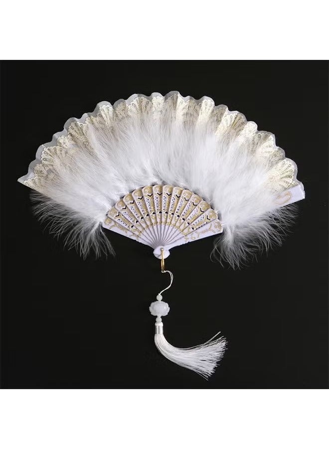 Unewshi Feather Hand Fan, White Foldable Feather Fan Handheld for Party Wedding Dancing Decoration - Image 3