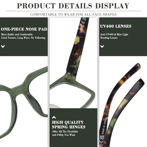 FONHCOO Reading Glasses for Women Men- Blue Light Reading Glasses with Spring Hinge, Anti Glare/Eyestrain Computer Readers(Green 2.0) - Image 3