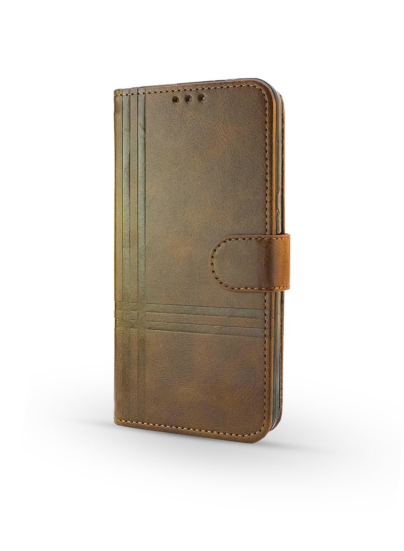 جراب جلدي قلاب بتصميم خطين مع فتحة للبطاقات، ومسند، وحزام بإغلاق مغناطيسي، وغطاء داخلي من السيليكون TPU، متوافق مع هاتف Xiaomi 14T/14T Pro (6.67 بوصة) (بني) - Image 1