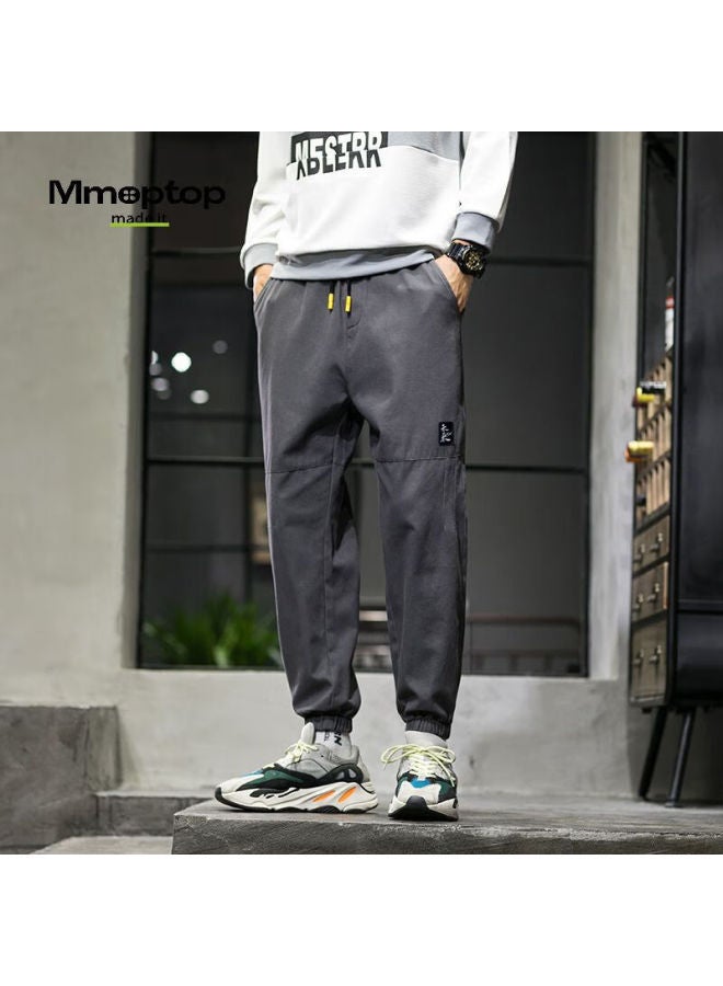 Mmoptop American-style Trendy Joggers For Men, Spring Vintage Pure Cotton Cargo Sports Casual Cropped Pants, 506 Dark Gray, Size L - Image 1