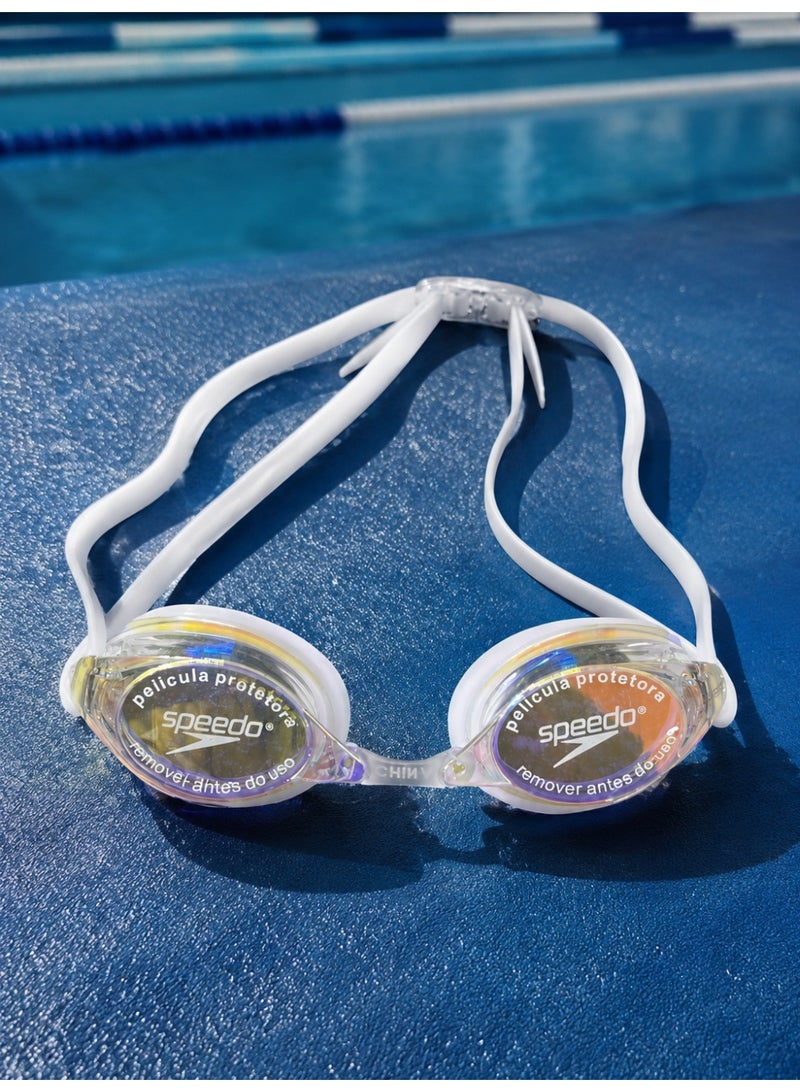 speedo Adult swimming goggles with anti-fog mirrored lenses and UV protection – 3 nose bridge sizes S/M/L, white silicone strap - Image 5