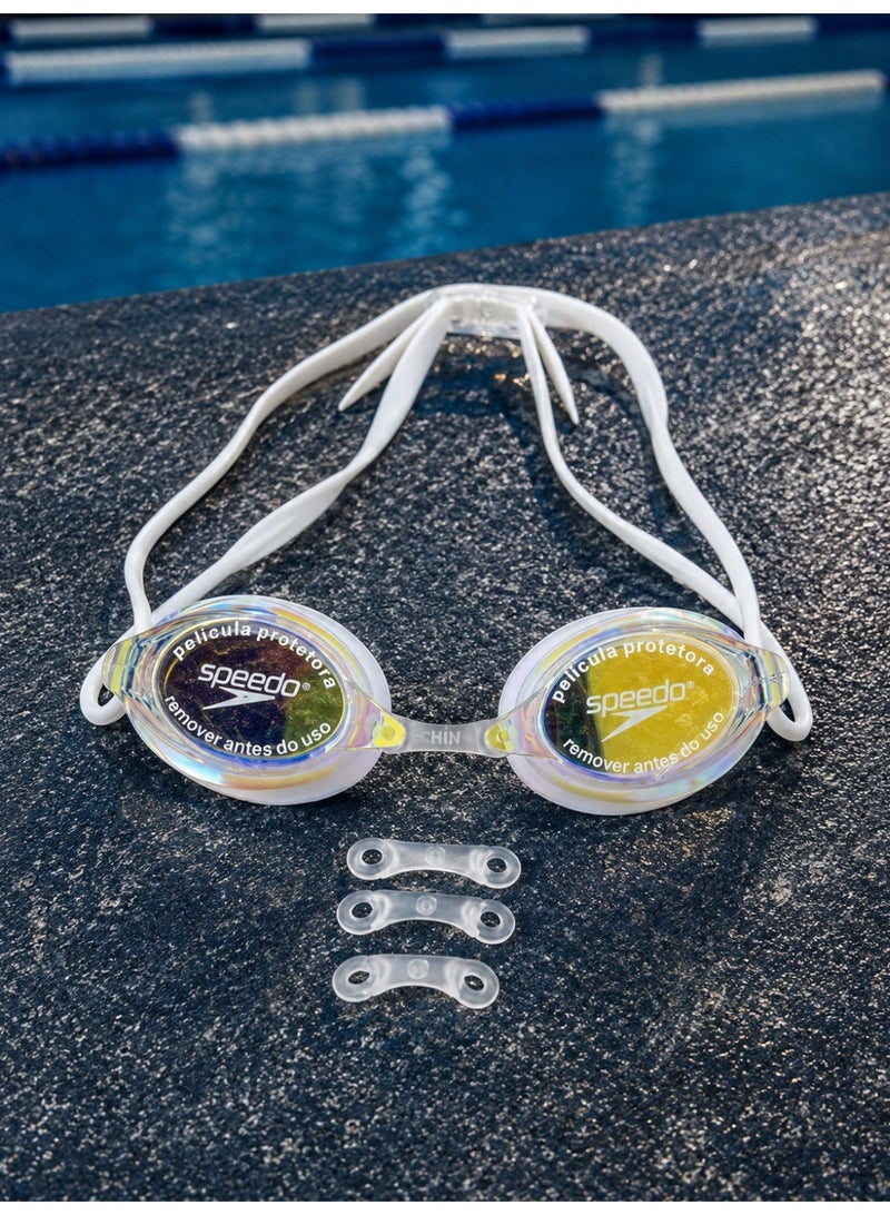 speedo Adult swimming goggles with anti-fog mirrored lenses and UV protection – 3 nose bridge sizes S/M/L, white silicone strap - Image 1