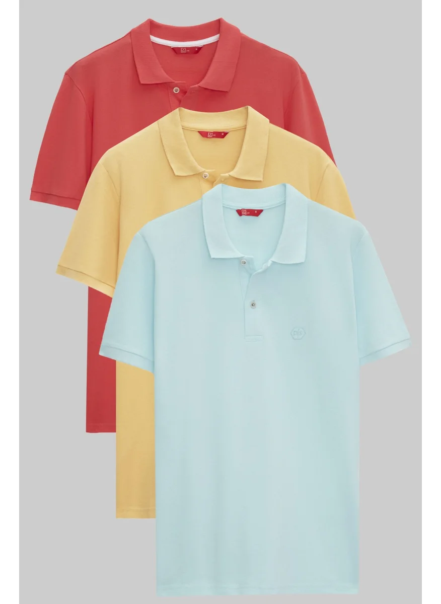 دي أس دامات Regular Fit Flamingo/Light Yellow/Turcaz Pique Textured 100% Cotton Polo Neck T-Shirt 6HC14ORTBN510