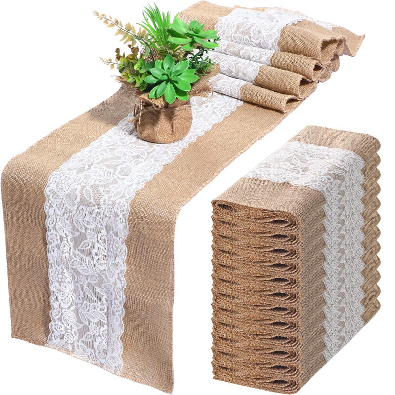 Chumia Chumia 12 Pcs 12 x 108 Inch Wedding Burlap Table Runners with White Lace Rustic Runner Decor Vintage Romantic Table Cloth Party Favors for Engagement Birthday Hotel Home DecorStylish Style