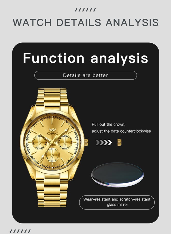 OPK Watches, Fashionable and Casual Men's Watch, Luminous Waterproof Quartz Watch, Men's Watch, 6024, All-Gold Dial - Image 4